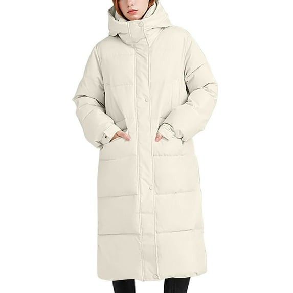 FNFHFY Long Puffer Jackets for Women Winter Thicken Hooded Padded Coat Lightweight Quilted Jacket Solid Long Sleeve Parka with Pockets