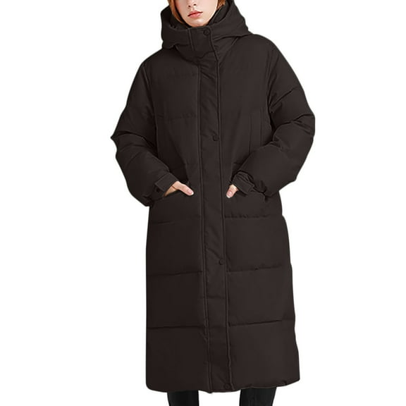 FNFHFY Long Puffer Jackets for Women Winter Thicken Hooded Padded Coat Lightweight Quilted Jacket Solid Long Sleeve Parka with Pockets