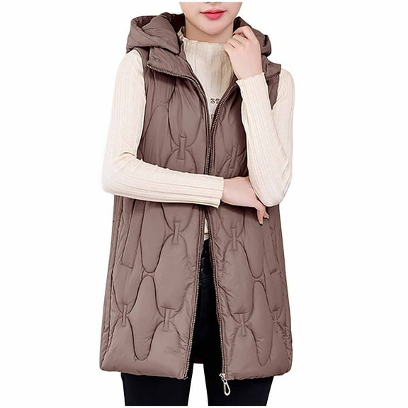 FNFHFY Long Puffer Vest Women Plus Size Lightweight Sleeveless Quilted Jacket Solid Slim Fit Puffy Jackets Zip Up Winter Coat with Hood
