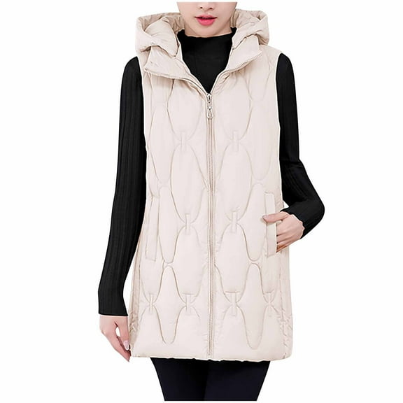 FNFHFY Long Puffer Vest Women Plus Size Lightweight Sleeveless Quilted Jacket Solid Slim Fit Puffy Jackets Zip Up Winter Coat with Hood