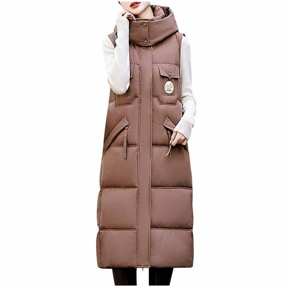FNFHFY Long Puffer Vest Women Solid Multi Pockets Sleeveless Winter Parka Slim Fit Hooded Padded Waistcoat Outwear