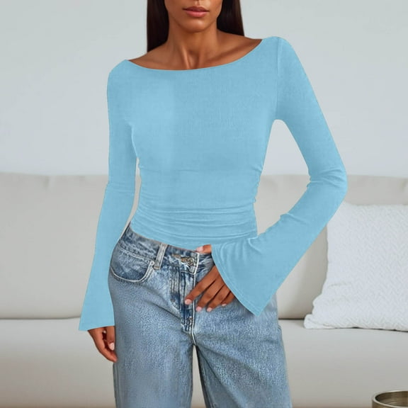 FNFHFY Long Sleeve Shirts for Women Trendy Boat Neck Slim Fit Shirt Solid Bell Sleeve Fitted Tee Shirts Ribbed Ruched Y2K Clothes