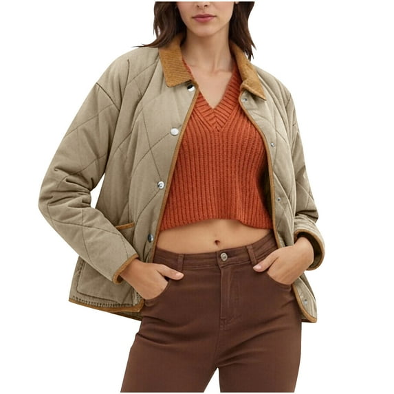 FNFHFY Plus Size Quilted Jacket for Women Contrast Collar Barn Jacket Lightweight Snap Dowm Puffer Jackets Warm Winter Coat with Pockets