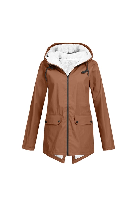 Plus Size Waterproof Jackets for Women Solid Sherpa Lined Raincoats Zip Up Fleece Lined Hooded Parka Outdoor Warm Windbreaker Coat with Pockets