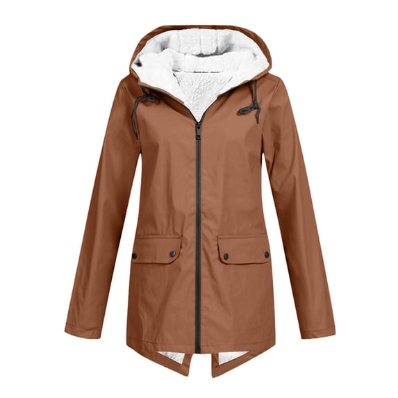 FNFHFY Plus Size Waterproof Jackets for Women Solid Sherpa Lined Raincoats Zip Up Fleece Lined Hooded Parka Outdoor Warm Windbreaker Coat with Pockets