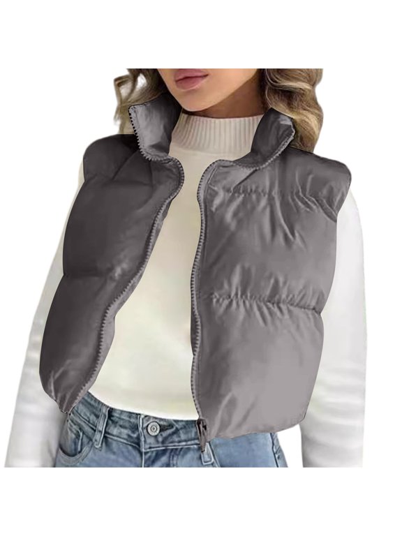 Puffer Vest for Women Cropped Sleeveless Bubble Jackets Zip Up Stand Collar Padded Vests Solid Color Winter Puffy Coat Outerwear
