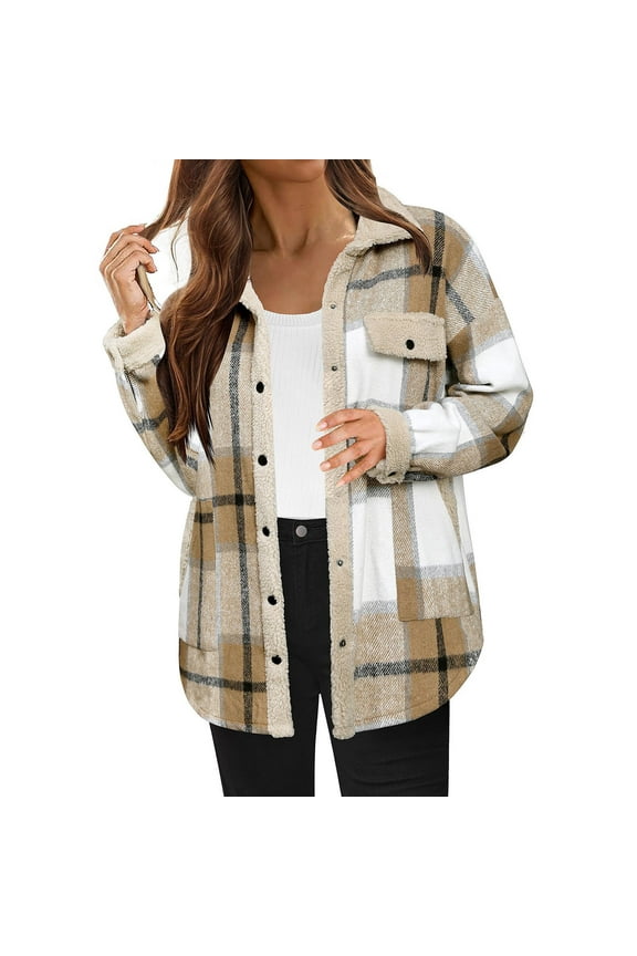 Shackets for Women 2025 Flannel Jackets Plaid Button Down Jacket Casual Long Sleeve Fleece Shirt with Pockets