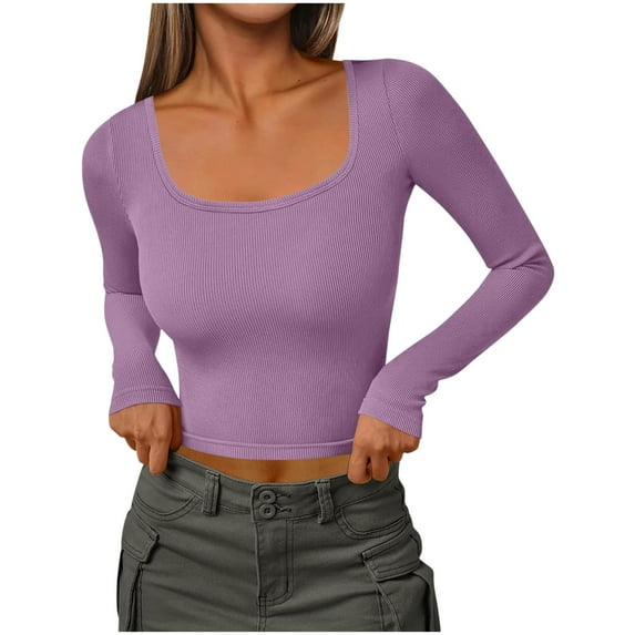 FNFHFY Shirts for Women Scoop Neck Slim Fit Tops Fitted Long Sleeve Shirt Solid Color Ribbed T-shirt Fall Trendy Crop Top