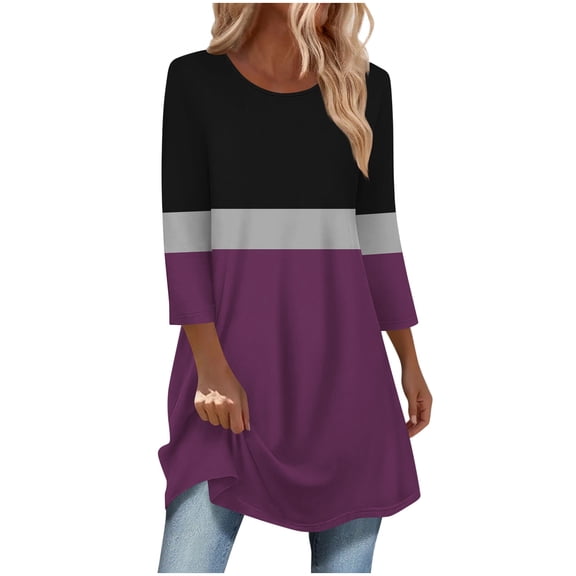 FNFHFY Three Quarter Sleeve Tops for Women Fall Crewneck Color Block Tunic Shirts Casual Loose Long Curve Hem T Shirts