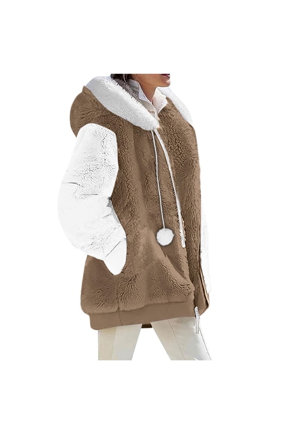 FNFHFY Winter Jacket for Women Casual Zip Up Fleece Coat Plush Drawstring Pom Poms Sherpa Hooded Jackes Trendy Color Block Fluffy Jackets with Pockets