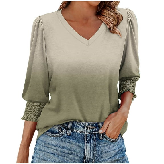 FNFHFY Women 3/4 Sleeve Blouses Dressy V Neck Gradient Shirts Casual Business Office Blouses Tunic Tops with Smocked Cuffs