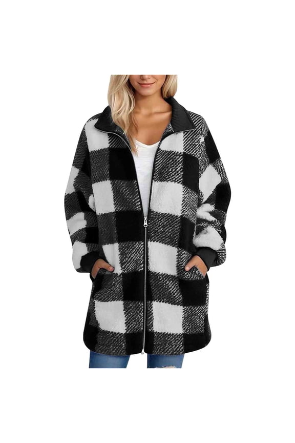 FNFHFY Women Flannel Fleece Shacket Jacket Lapel Zip Up Long Plaid Faux Fur Coat Winter Oversized Warm Checkered Fuzzy Jackets with Pockets