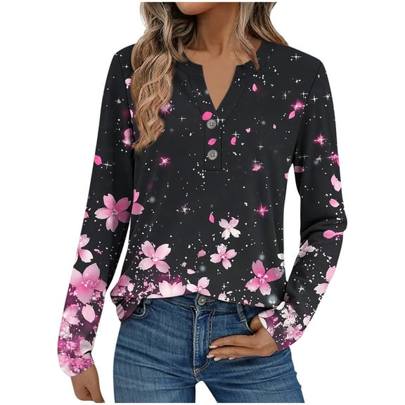 FNFHFY Women Floral Print Shirt V-Neck Henley Shirts Button Up Blouse Casual Loose Fit Long Sleeve Pullover Tops