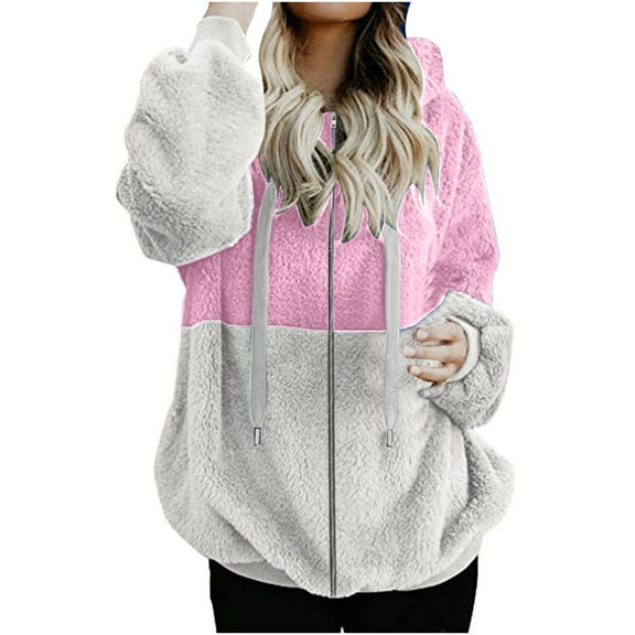 FNFHFY Women Fuzzy Fleece Jacket Casual Color Block Zip Up Sherpa Hoodies Loose Fit Fluffy Hooded Jackets Warm Winter Plush Coats with Pockets