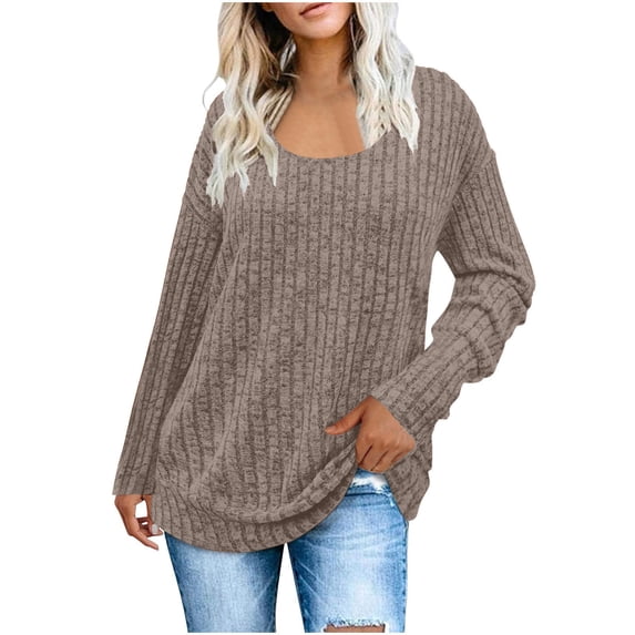 FNFHFY Women Loose Shirt Long Sleeve Scoop Neck Shirts Dropped Shoulder Sweatshirt Elastic Textured Pullover Tops