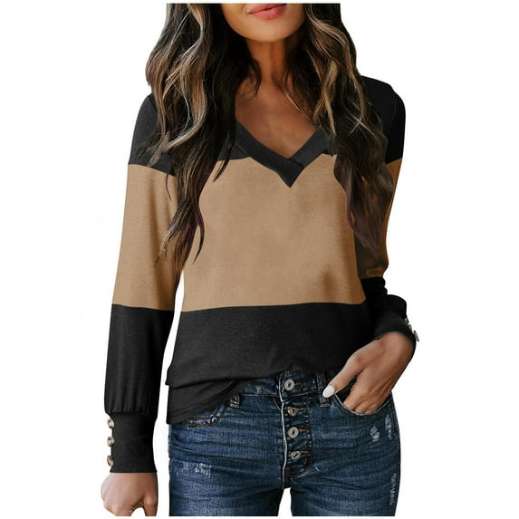 FNFHFY Women Plus Size Blouses Dressy Casual Color Block Sweater Button Decor Long Sleeve Shirts Fall V Neck Tops 2025