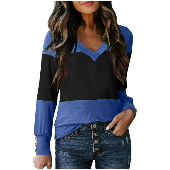FNFHFY Women Plus Size Blouses Dressy Casual Color Block Sweater Button Decor Long Sleeve Shirts Fall V Neck Tops 2025