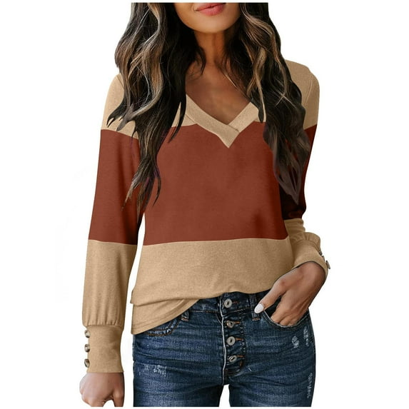 FNFHFY Women Plus Size Blouses Dressy Casual Color Block Sweater Button Decor Long Sleeve Shirts Fall V Neck Tops 2025