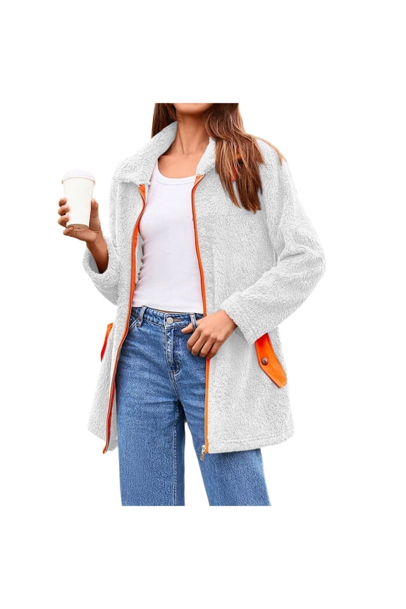 FNFHFY Women Sherpa Jackets Trendy Color Block Zip Up Fleece Jacket Long Sleeve Lapel Lightweight Soft Fluffy Coats with Pockets