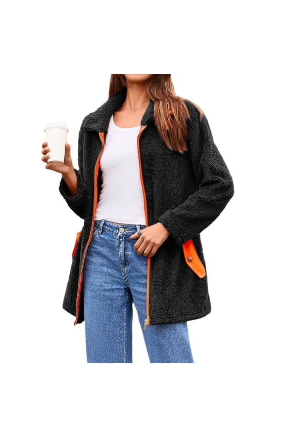 Women Sherpa Jackets Trendy Color Block Zip Up Fleece Jacket Long Sleeve Lapel Lightweight Soft Fluffy Coats with Pockets