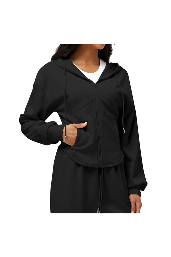 FNFHFY Women Zip Up Cropped Hoodies Trendy Fitted Drawstring Hooded Workout Sweatshirts Casual Long Sleeve Tunic Jacket Crop Tops