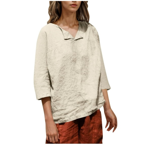 FNFHFY Women's 3/4 Sleeve Tops Casual Fall V Neck Shirt Loose Fit Solid Blouses Comfy Hide Belly Tunic Top