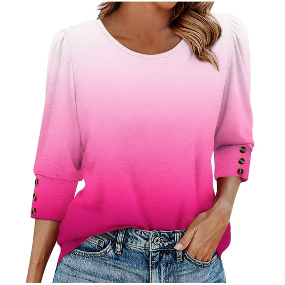 FNFHFY Women's 3/4 Sleeve Tops Crewneck Gradient Shirt Loose Fit Color Block Blouses Comfy Hide Belly Tunic Top with Smocked Cuffs