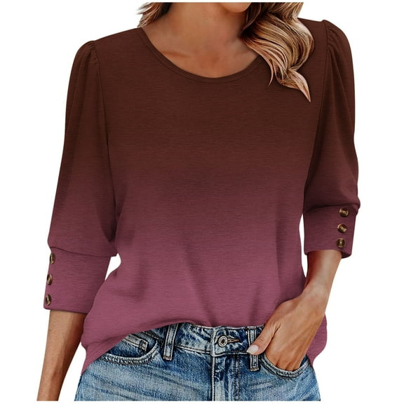 FNFHFY Women's 3/4 Sleeve Tops Crewneck Gradient Shirt Loose Fit Color Block Blouses Comfy Hide Belly Tunic Top with Smocked Cuffs