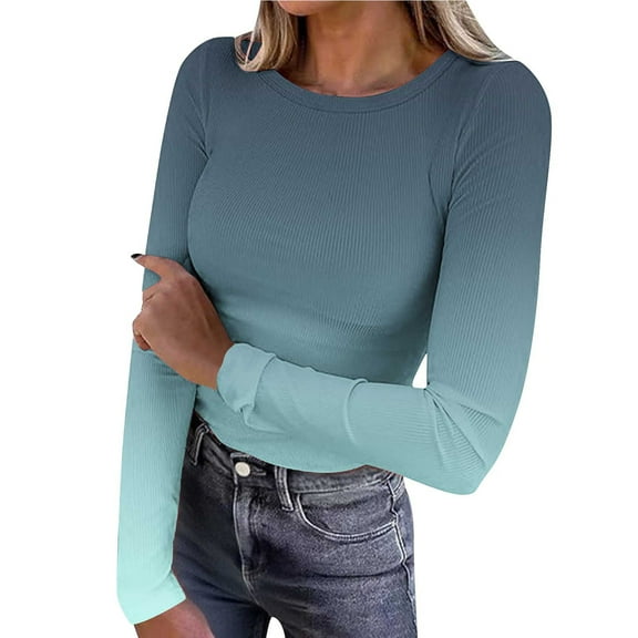 FNFHFY Women's Basic Tees Casual Long Sleeve Ribbed Shirts Round Neck Fitted Fall Tops Stretchy Tight Tshirts Soft Trendy Shirt