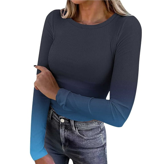 FNFHFY Women's Basic Tees Casual Long Sleeve Ribbed Shirts Round Neck Fitted Fall Tops Stretchy Tight Tshirts Soft Trendy Shirt