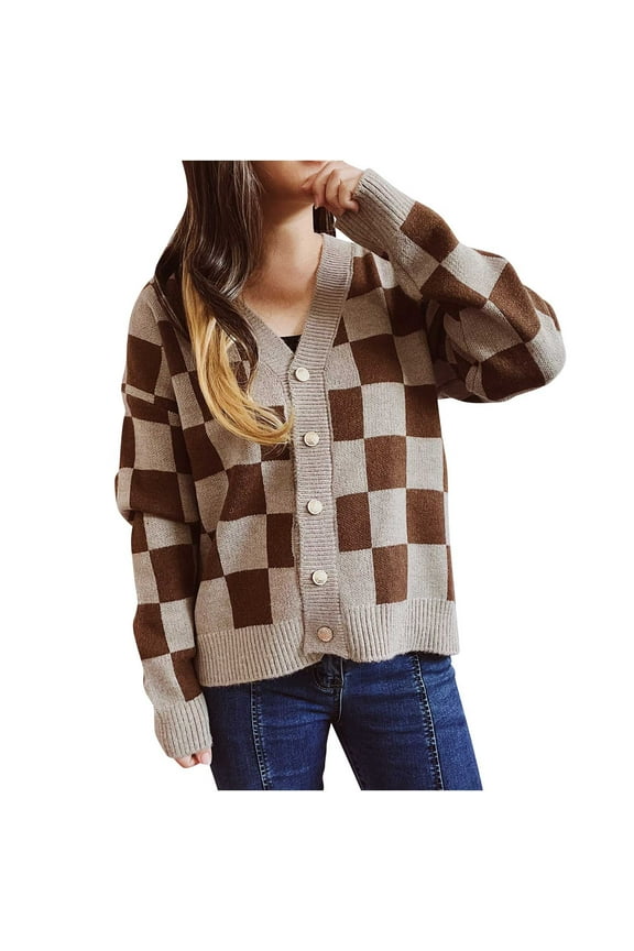 Women's Casual Checkered Cardigan V-Neck Plaid Jackets Long Sleeve Button Flannel Jacket Color Block Knit Sweater Coat