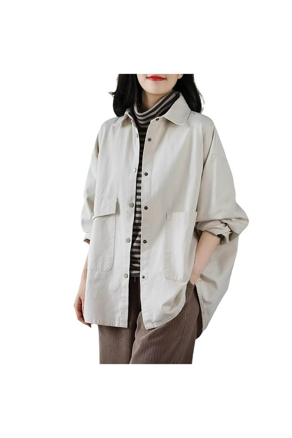 Women's Cotton Shirts Loose Fit Shacket Jackets Casual Lapel Button Down Vintage Coat Fall Long Sleeve Outerwear Shirt