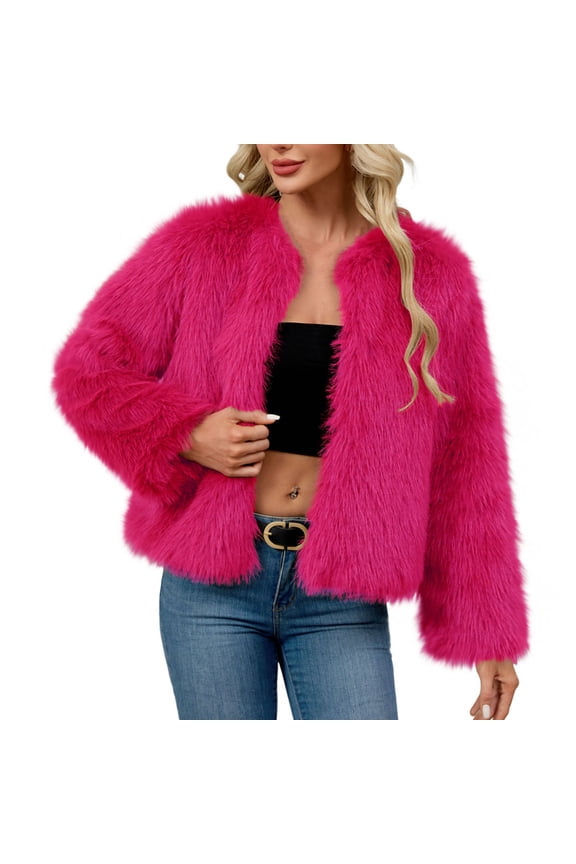 FNFHFY Women's Cropped Faux Fur Coat Open Front Fluffy Faux Fur Jacket Long Sleeve Furry Winter Jackets Short Shaggy Coats