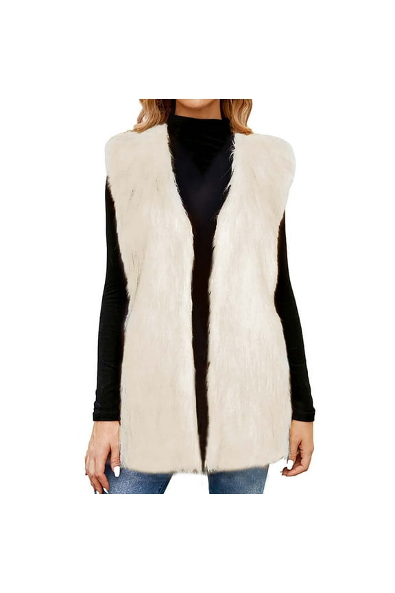 Women's Faux Fur Vest Mid Long Open Front Shaggy Vests V Neck Sleeveless Fluffy Cardigan Solid Fashion Fuzzy Winter Waitcoat Gilet
