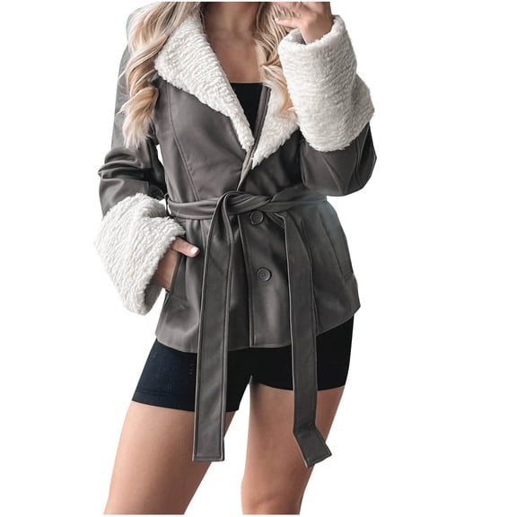 FNFHFY Women's Faux Shearing Jacket Thick Lined Winter Leather Coats Fashion Buttons Lapel Sherpa Fleece Lined PU Coat with Belt