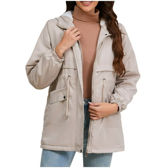 FNFHFY Women's Fleece Lined Jacket Casual Thicken Winter Parka Drawstring Waist Sherpa Lined Hooded Jackets Thermal Padded Coat with Pockets