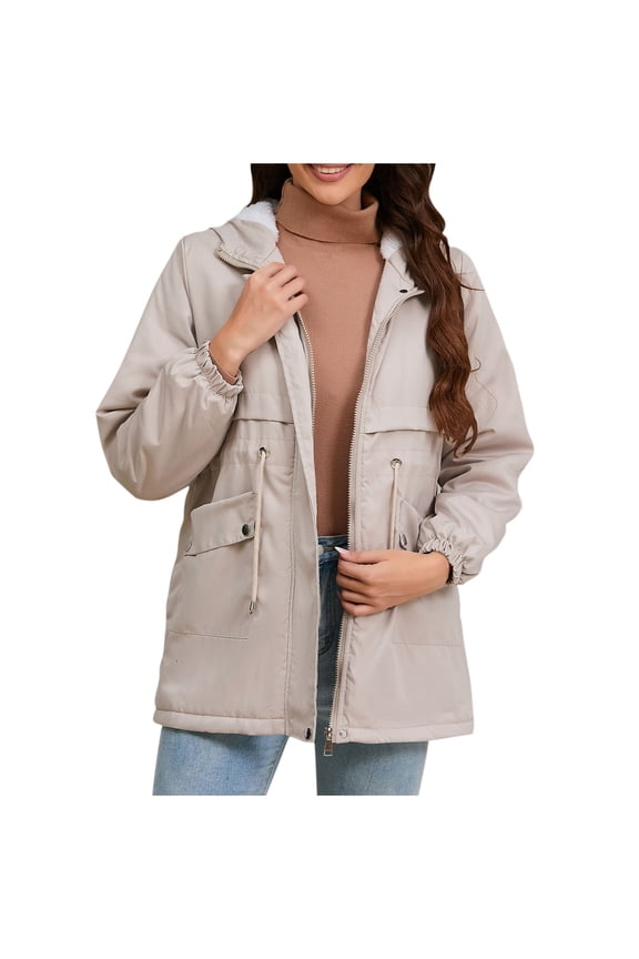FNFHFY Women's Fleece Lined Jacket Casual Thicken Winter Parka Drawstring Waist Sherpa Lined Hooded Jackets Thermal Padded Coat with Pockets