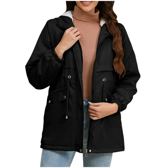 FNFHFY Women's Fleece Lined Jacket Casual Thicken Winter Parka Drawstring Waist Sherpa Lined Hooded Jackets Thermal Padded Coat with Pockets