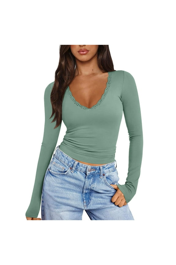 Women's Lace V Neck Shirts Long Sleeve Ribbed Fitted Blouse Shirt Crop Y2K Top Fall Trendy Fall Going Out Tops