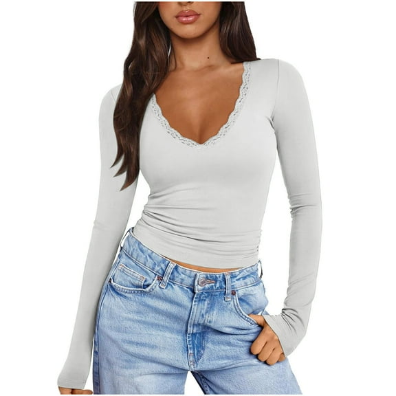FNFHFY Women's Lace V Neck Shirts Long Sleeve Ribbed Fitted Blouse Shirt Crop Y2K Top Fall Trendy Fall Going Out Tops