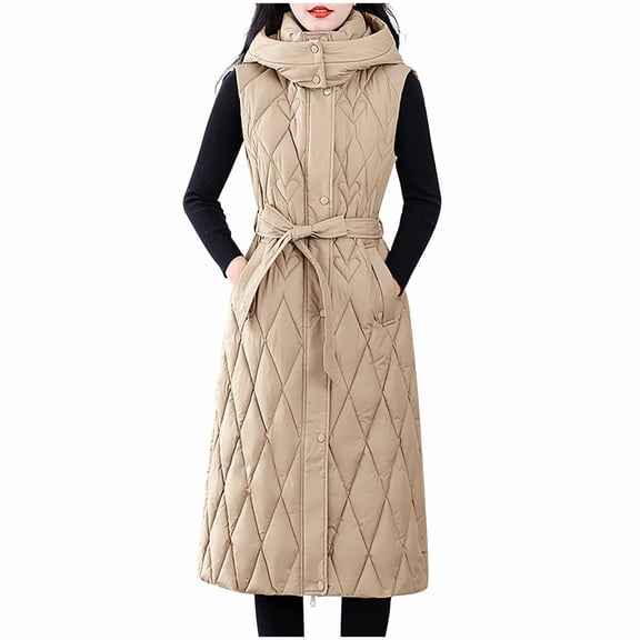 FNFHFY Women's Long Puffer Vest Hooded Lightweight Sleeveless Quilted Jackets Thick Warm Winter Gilet Coats with Belt & Pockets