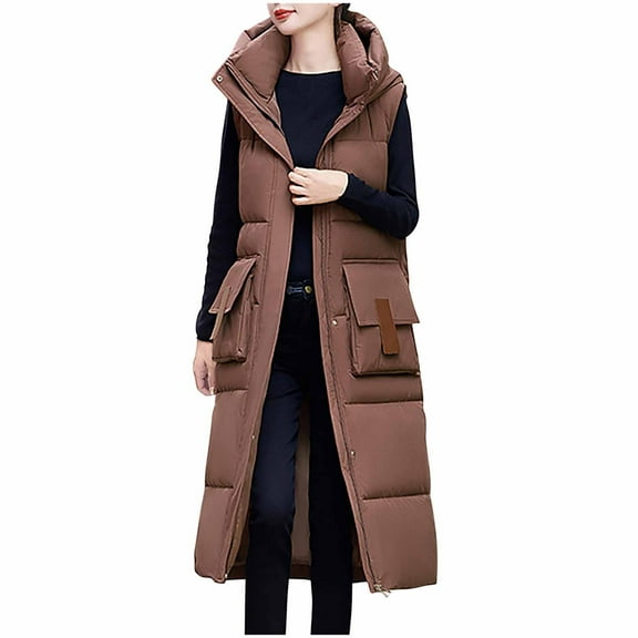 FNFHFY Women's Long Style Jacket Vests Solid Color Fall Winter Hooded Vests Slim Fashion Double Side Big Pockets Outing Gilets