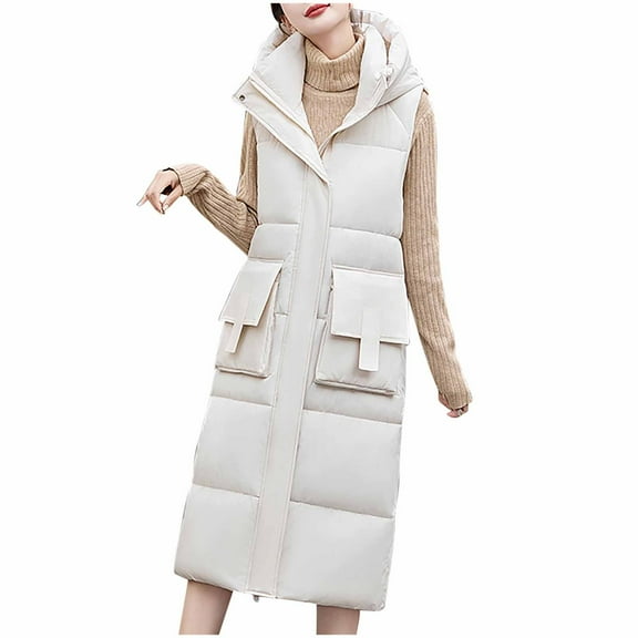 FNFHFY Women's Long Style Jacket Vests Solid Color Fall Winter Hooded Vests Slim Fashion Double Side Big Pockets Outing Gilets