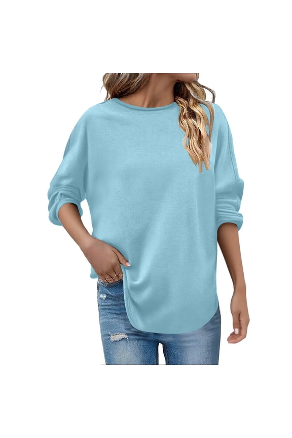 FNFHFY Women's Oversized Sweatshirts Crew Neck Loose Fit Pullover Sweatshirt Raw Edges Long Sleeve Shirts Curve Hem Pullover Tunic Tops