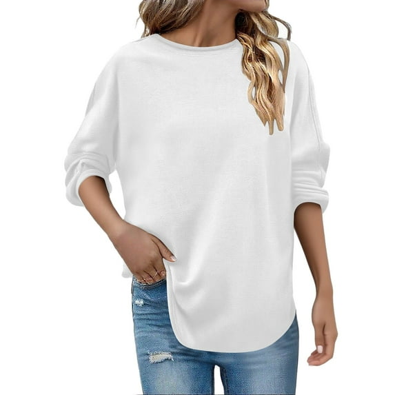 FNFHFY Women's Oversized Sweatshirts Crew Neck Loose Fit Pullover Sweatshirt Raw Edges Long Sleeve Shirts Curve Hem Pullover Tunic Tops