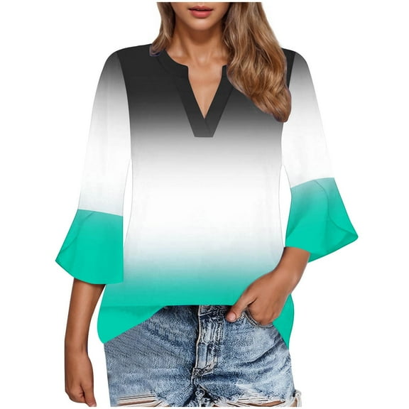 FNFHFY Womens 3/4 Bell Sleeve Tops Casual Fall V Neck Gradient Shirt Dressy Business Work Blouses Color Block Tunic Shirts to Wear with Leggings