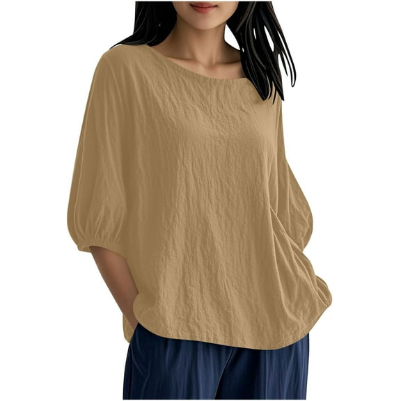 FNFHFY Womens 3/4 Lantern Sleeve Tops Casual Crewneck Linen Shirts Loose Fit Comfort Hide Belly Shirt Solid Basic Tees