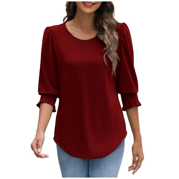 FNFHFY Womens 3/4 Length Sleeve Blouses Dressy Crewneck Smocked Cuffs Tops Casual Solid Curve Hem Shirts Loose Fit Tunic Shirt
