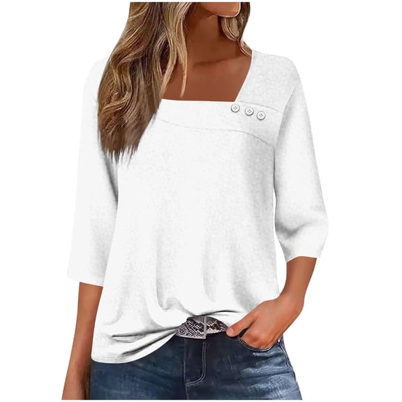 FNFHFY Womens 3/4 Length Sleeve Tops Dressy Asymmetrical Square Neck Shirts Solid Business Work Blouses Tunic Shirt