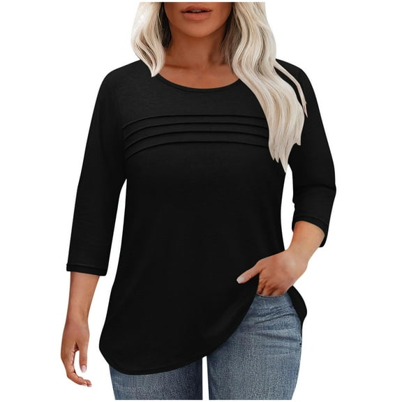 FNFHFY Womens 3/4 Length Sleeve Tops Oversized Crewneck Solid Shirt Casual Pleated Tunic Shirts Fall Comfort Basic T Shirt